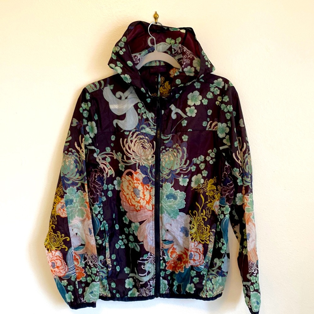 Hale Bob Zip Front Hooded Floral Packable Jacket sz XS